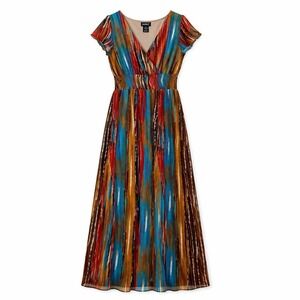 Ashro 1X Maxi Dress Boho Abstract Stripe Smocked Waist V Neck Flowy